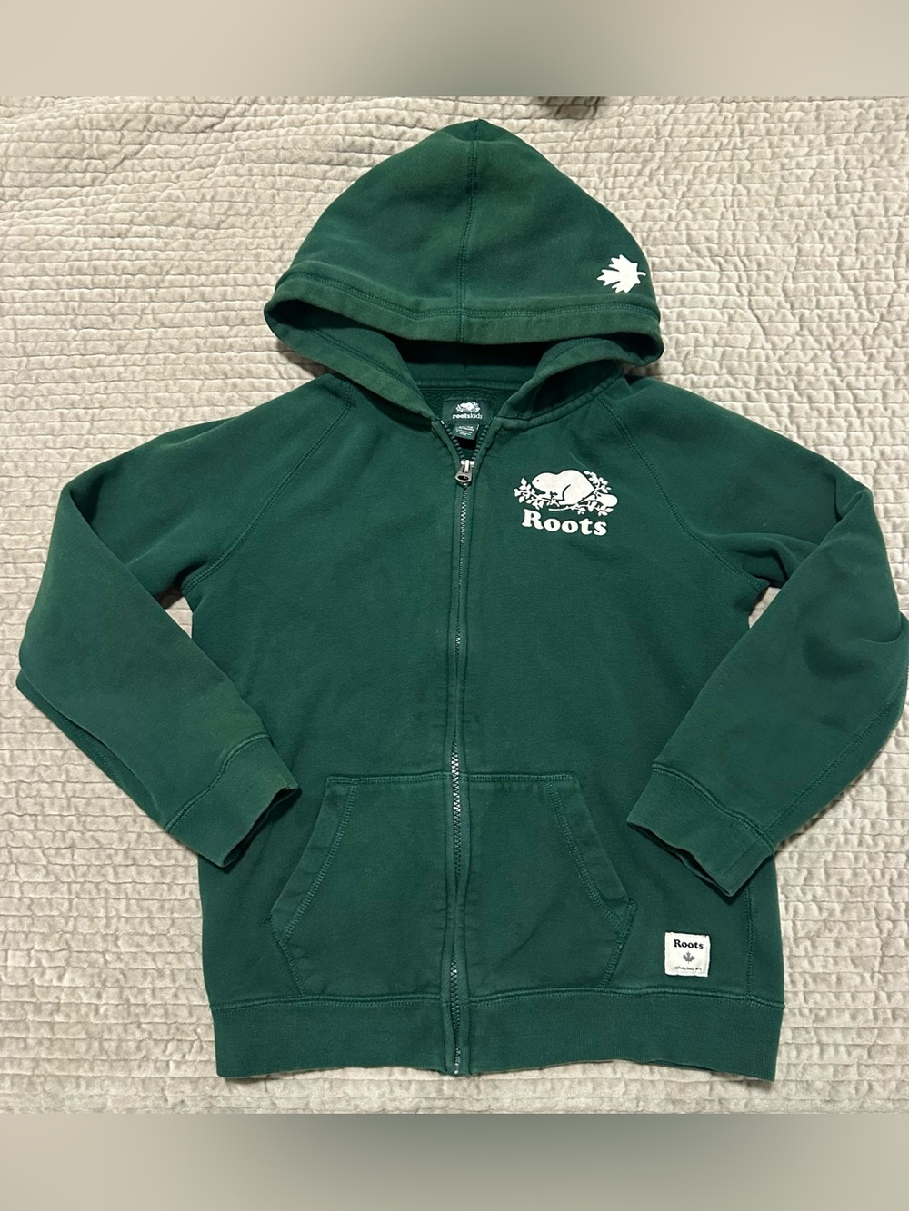 Roots Dark Green Kids Zip-Up Hoodie with White Logo